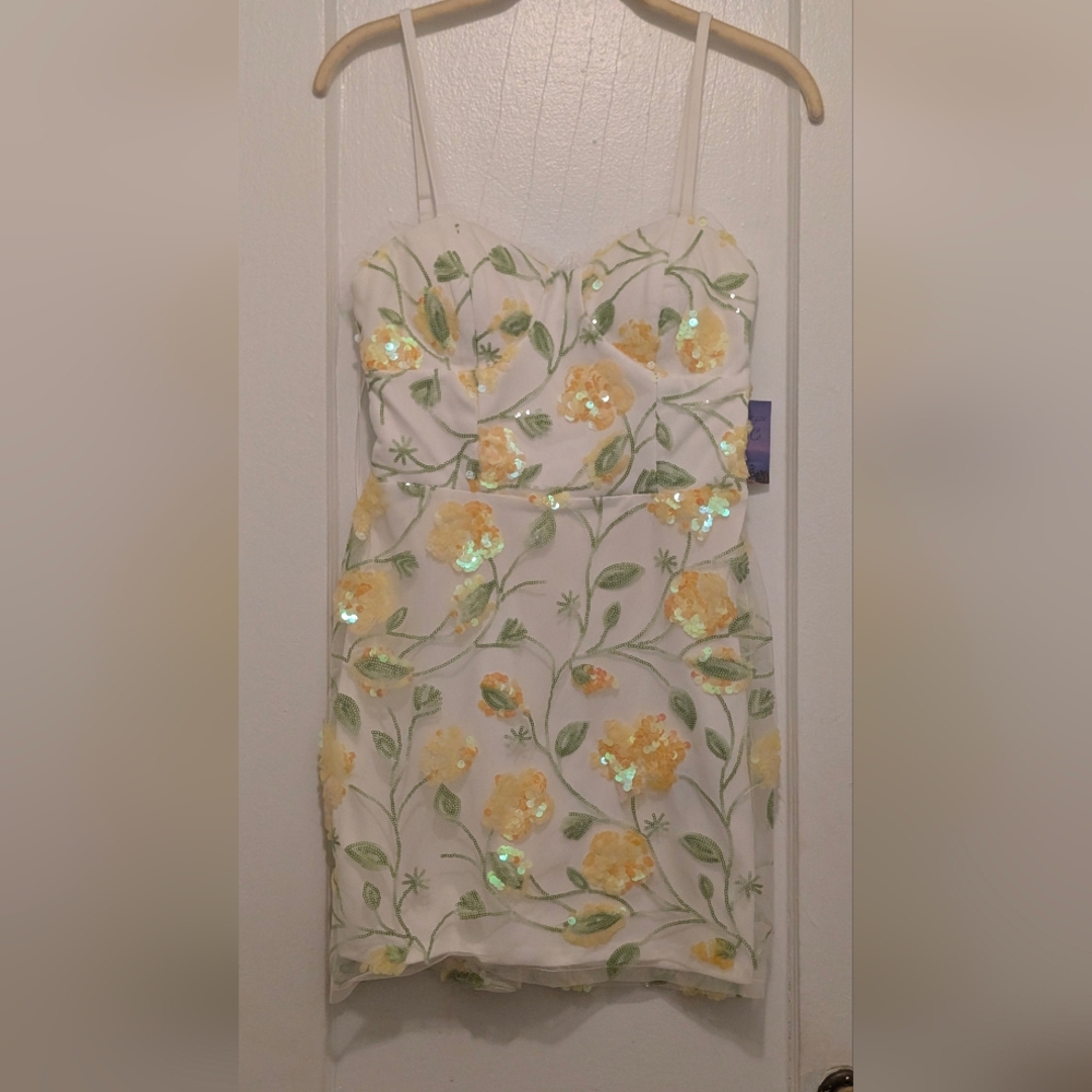 Morgan & Co. White Strapless Mini Dress with Yellow Floral Sequin Embroidery
